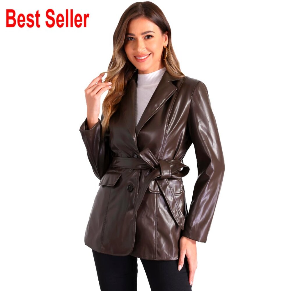 Faux Leather Blazer With Tie Waist, Notched Lapel, Pockets, Xs